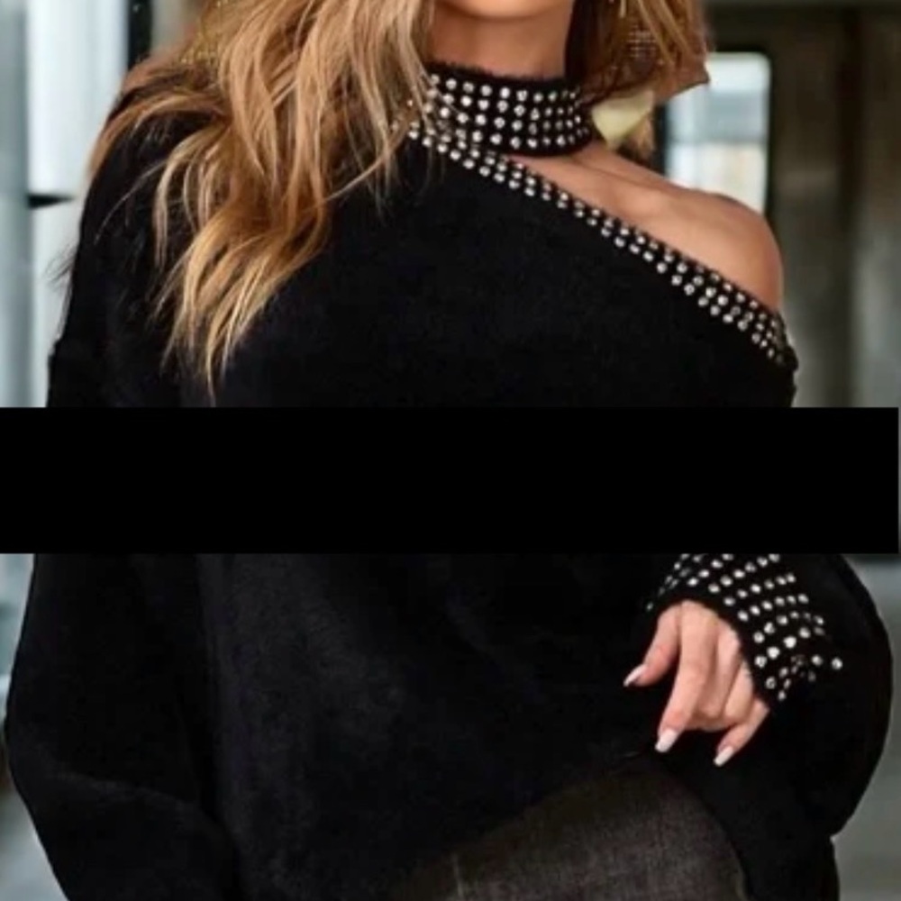 POL Black Fuzzy Sweater with Sparkling rhinestone Accents